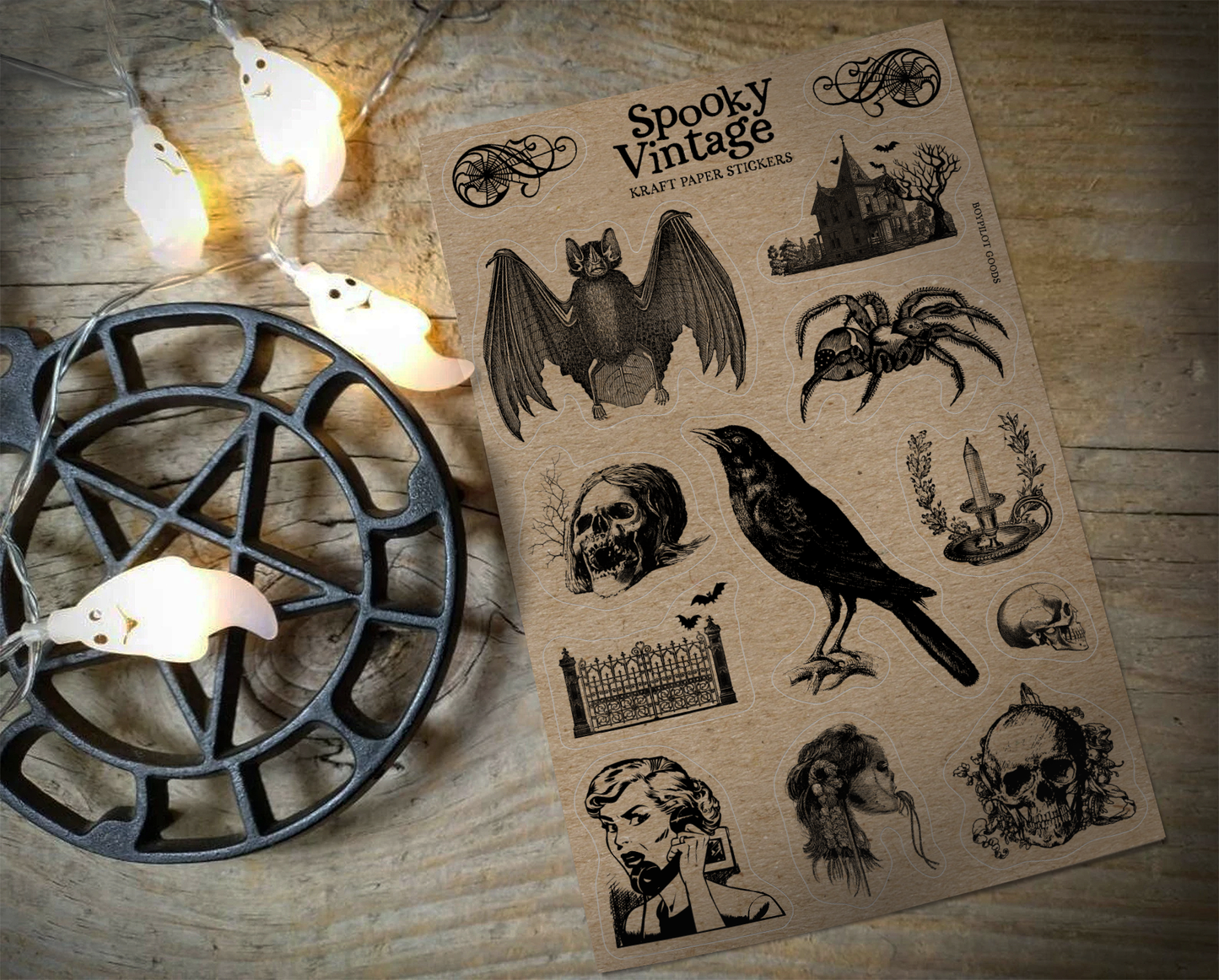 Vintage Spooky Kraft Sticker Sheet - Halloween Horror Creepy: With J-Hook