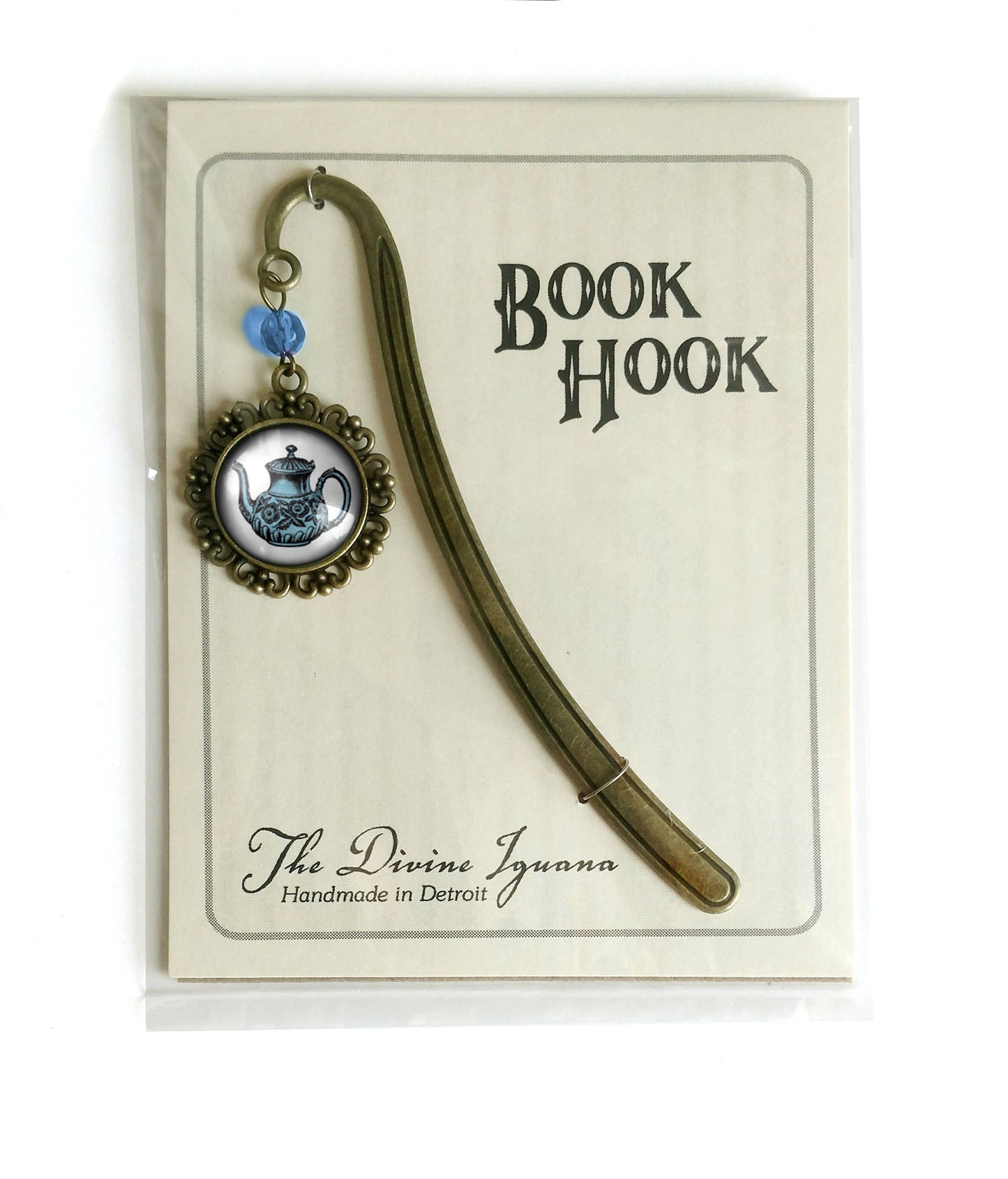 Blue Teapot Steampunk Victorian Bronze and Glass Bookmark