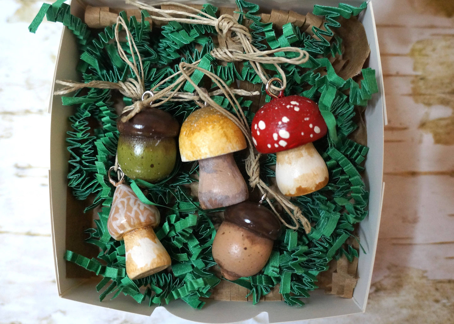 Mini mushroom and acorn ornament gift set