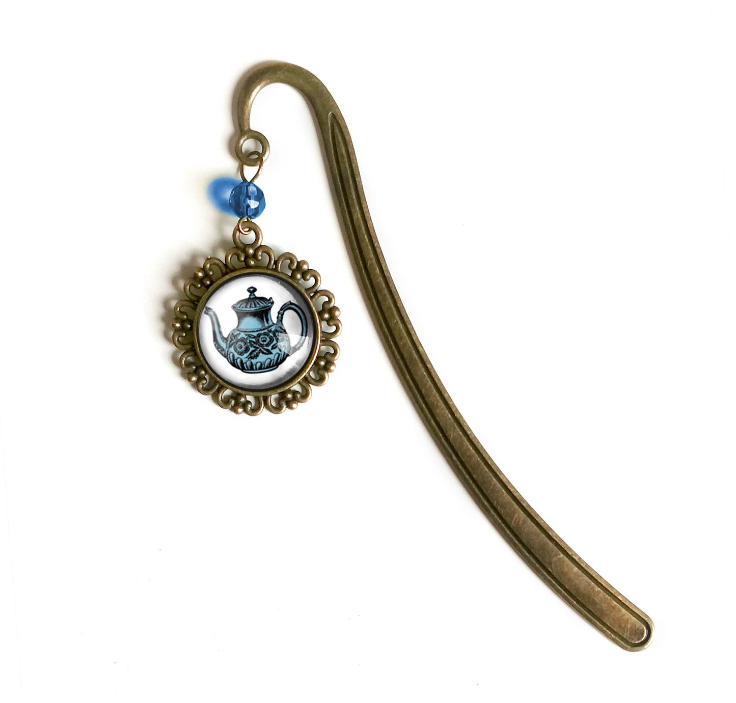 Blue Teapot Steampunk Victorian Bronze and Glass Bookmark