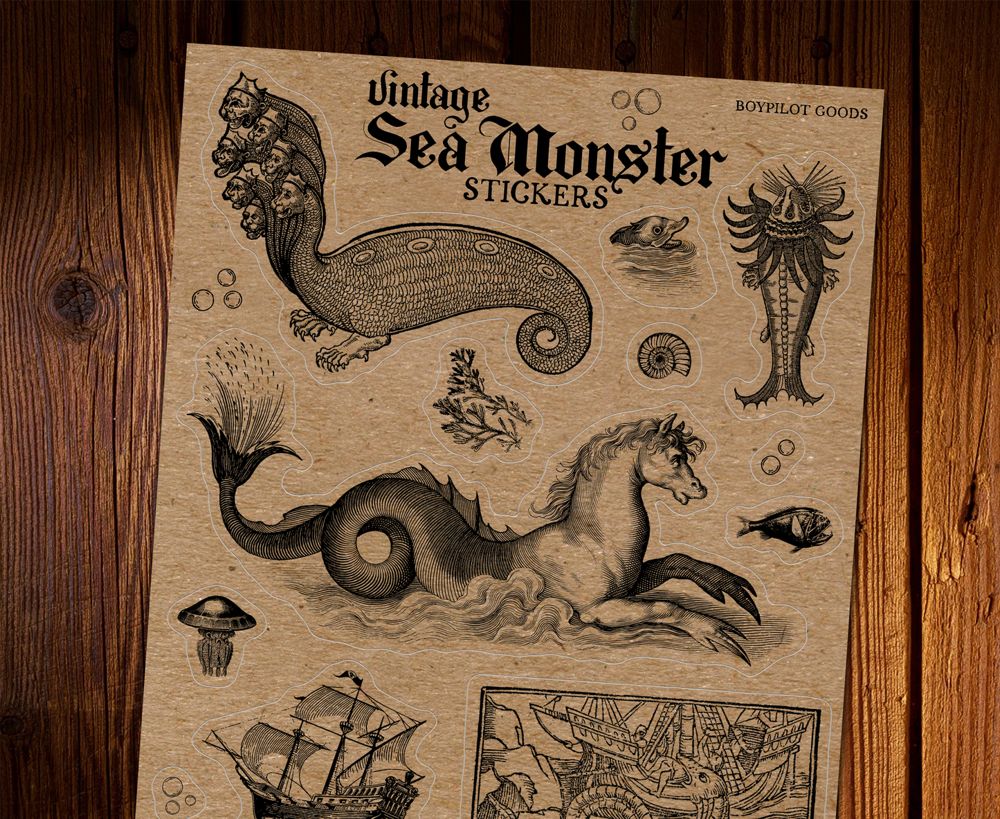 Sea Monsters Sticker Sheet - Vintage Creepy Art Stickers: With J-Hook