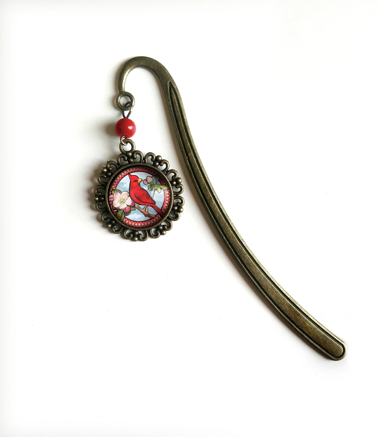 Cardinal Bird Vintage Inspired Bronze and Glass Bookmark