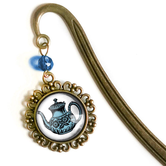 Blue Teapot Steampunk Victorian Bronze and Glass Bookmark