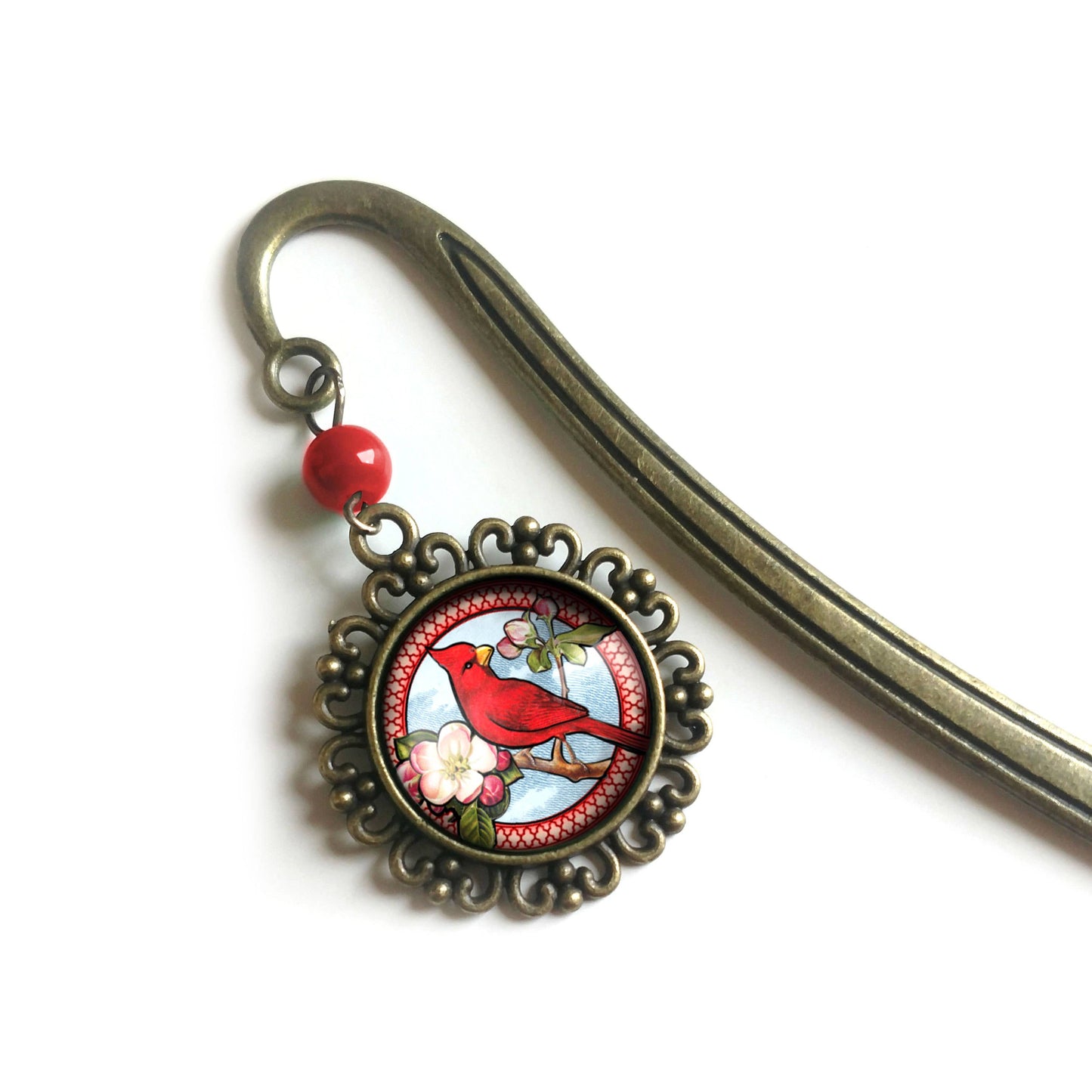 Cardinal Bird Vintage Inspired Bronze and Glass Bookmark