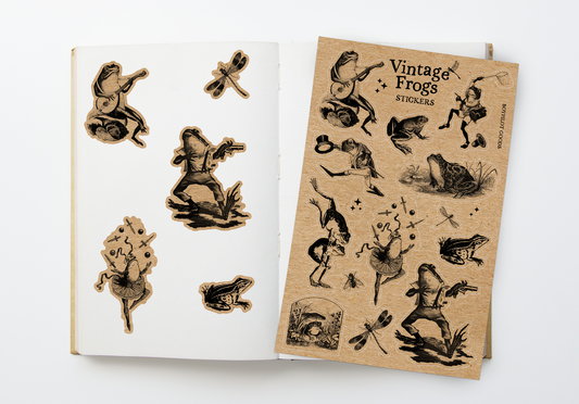Vintage Frogs Sticker Sheet - Cute Cottagecore Antique Frog: With J-Hook